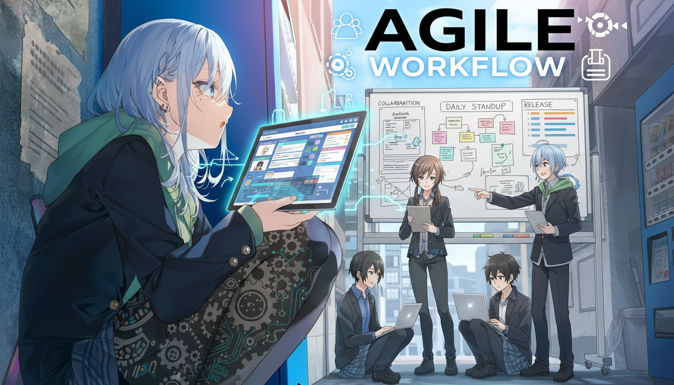 Agile Workflow - Team collaboration with Agile boards showing daily standups, collaboration, and release planning
